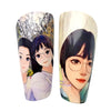 A pair of customizable sublimation soccer shin guards featuring anime-style female faces and floral patterns.