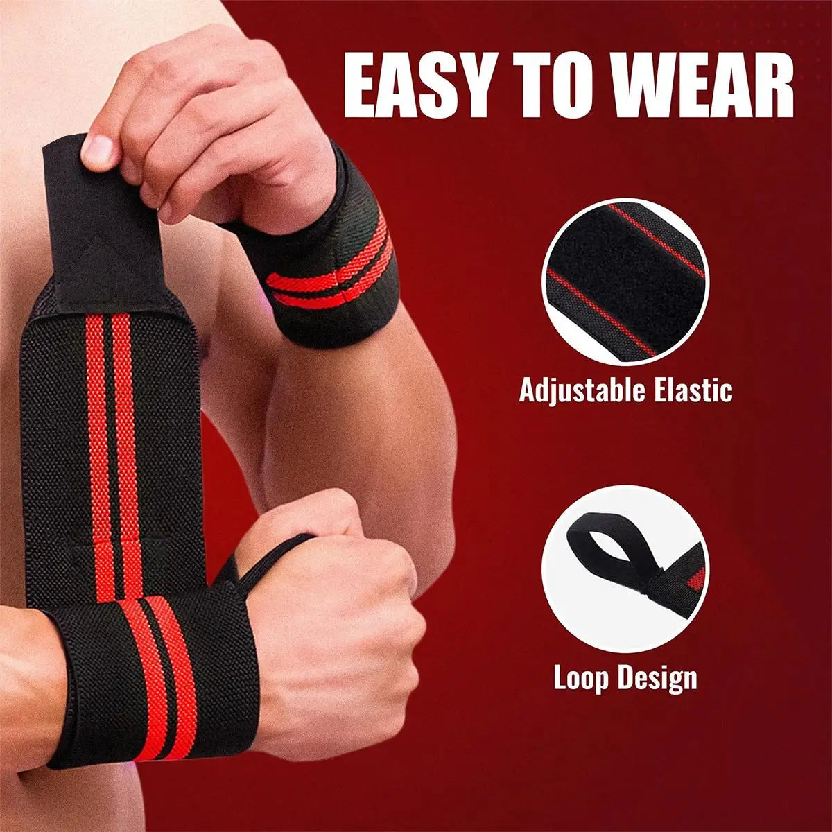 A hand is wearing a black wristband with red stripes, demonstrating the easy to wear and adjustable elastic design.