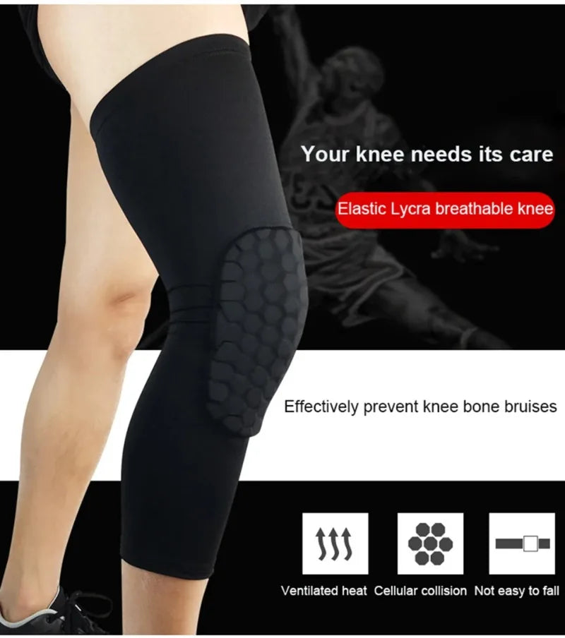 Black elastic Lycra breathable knee pads designed to prevent bone bruises during sports and gym activities.