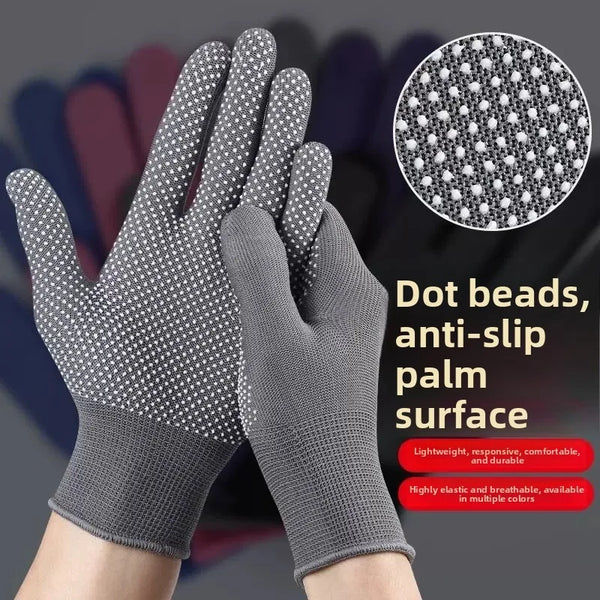 Gray anti-slip work gloves shown on a hand, with a magnified view of dot beads on the palm surface.