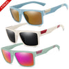 Three pairs of polarized square sunglasses in light blue, beige, and mint green colors.