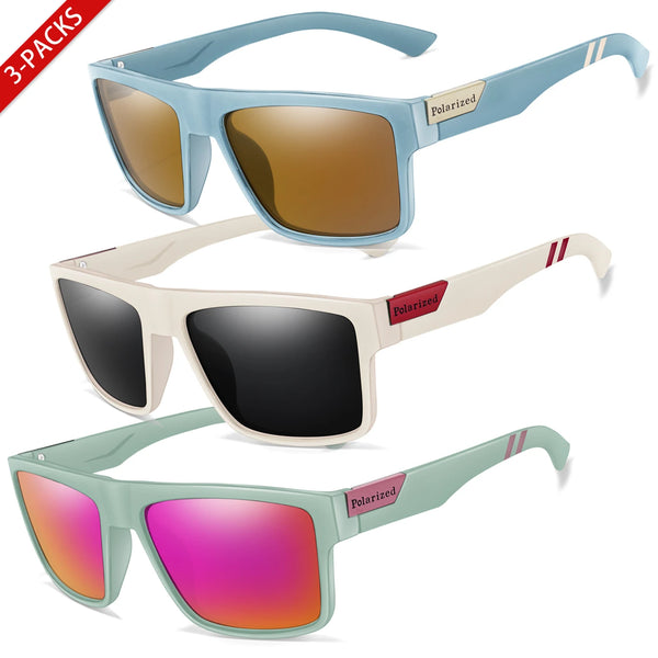 Three pairs of polarized square sunglasses in light blue, beige, and mint green colors.