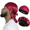 A man wearing a silky maroon durag pirate headband with a black tie, shown in profile and separate views.