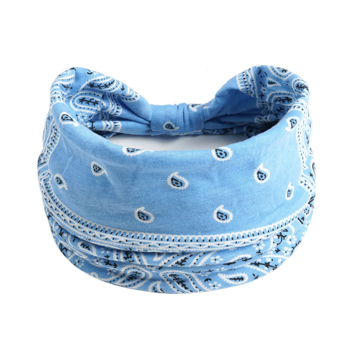 Hellblaue Baumwoll-Yoga-Stirnband mit aufwendigen weißen und dunkelblauen Mustern