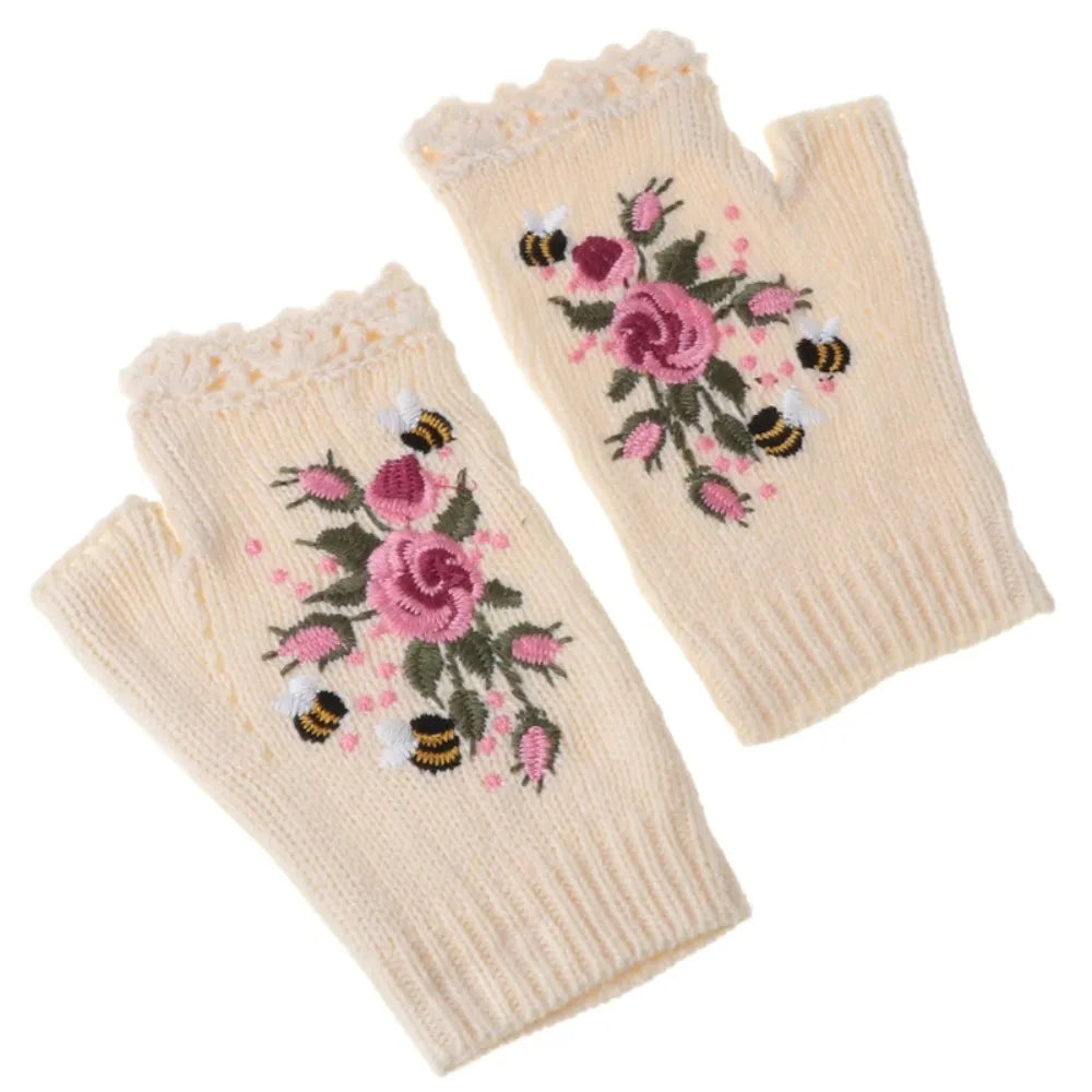 Embroidered Floral Bee Fingerless Gloves