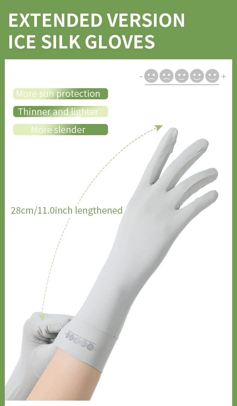 Extended version of ice silk gloves shown on a hand, highlighting features like sun protection and slenderness.