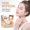 Box of facial myofascial lift tape for face and neck, shown next to a woman applying it.