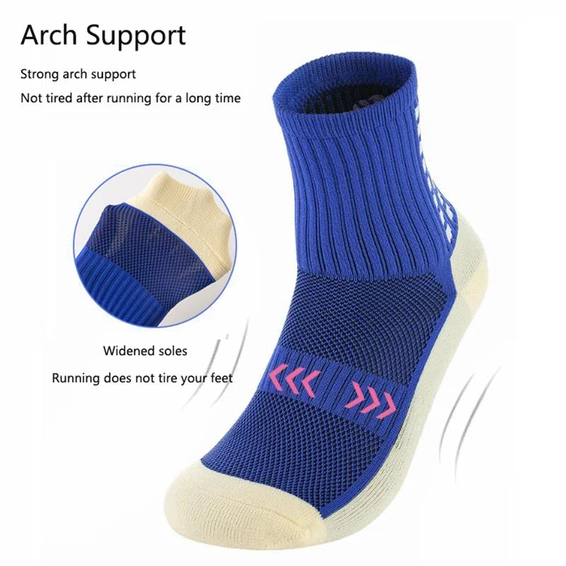 Blue and beige performance sports grip socks shown in a side view with text describing arch support and widened soles