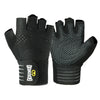 A pair of black weightlifting hand protection gloves with a textured grip and wrist support.