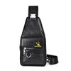 Black leather men's crossbody bag with a silver zipper and logo