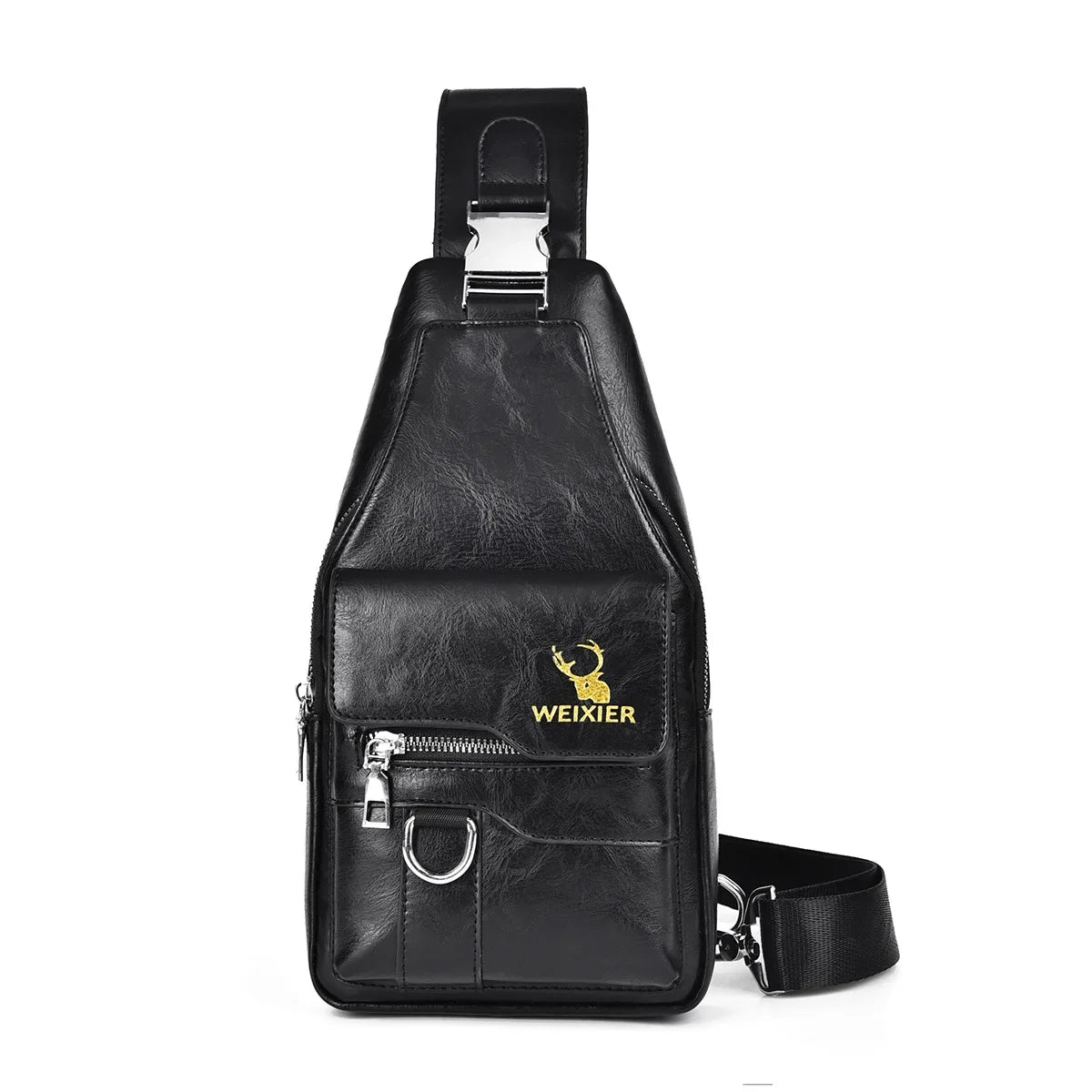 Black leather men's crossbody bag with a silver zipper and logo