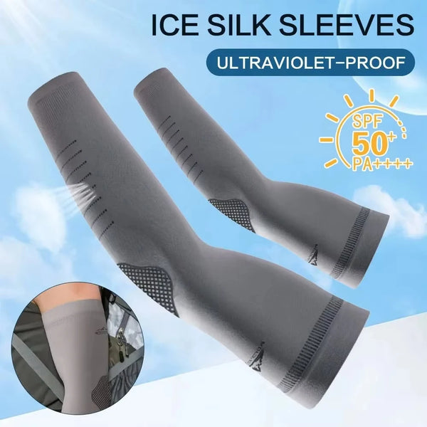 Gray ice silk sleeves designed to be ultraviolet-proof and offer SPF 50 protection for outdoor activities.