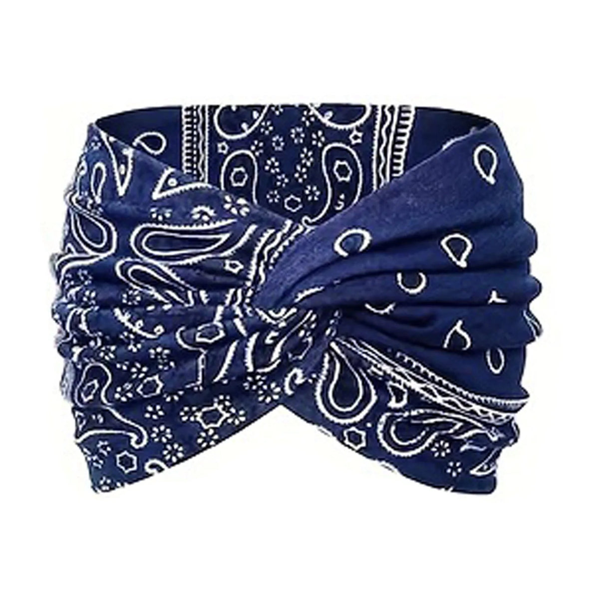 Navy blue bohemian paisley twist headband tied in a bow