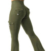 Olive green high-waisted flared fitness pants shown from the rear view.