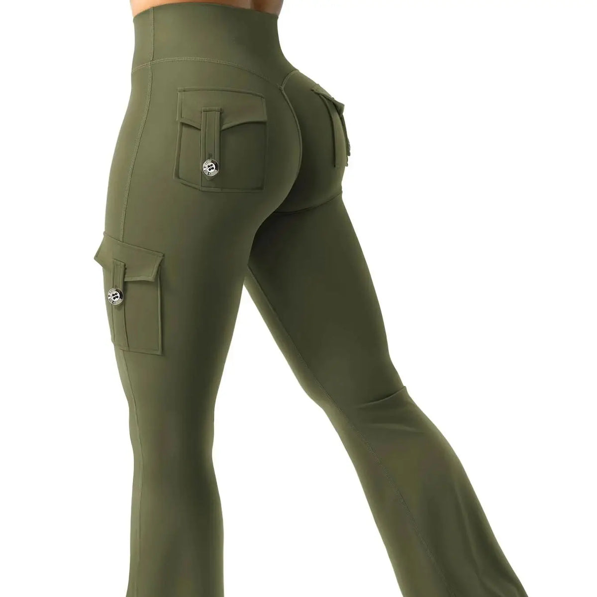 Olive green high-waisted flared fitness pants shown from the rear view.