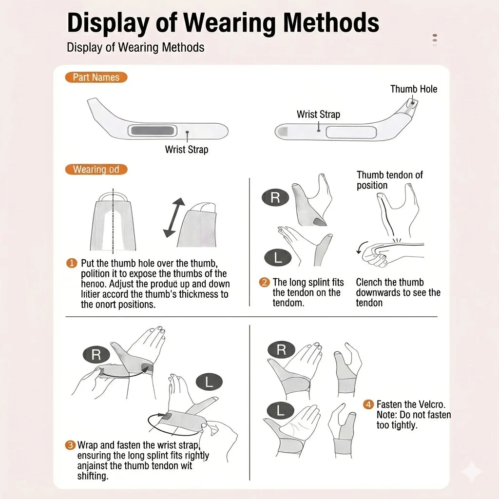 Diagram showing various ways to wear the product, including wrist strap and thumb hole placement.