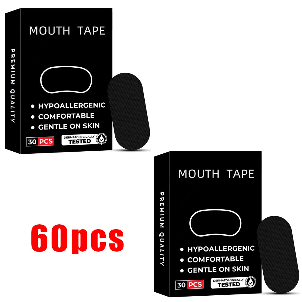 Schwarze Box und Applikator für hochwertiges Mouth Tape mit hypoallergenen und sanften Hautmerkmalen
