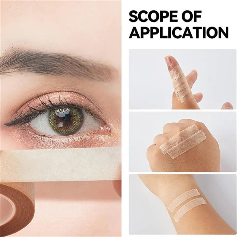 Close-up of an eye showing eyelash extension tape application on the eyelid and surrounding skin.