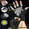 Close-up view of black cycling gloves showing features like foam pads, anti-slip grips, and breathable material.