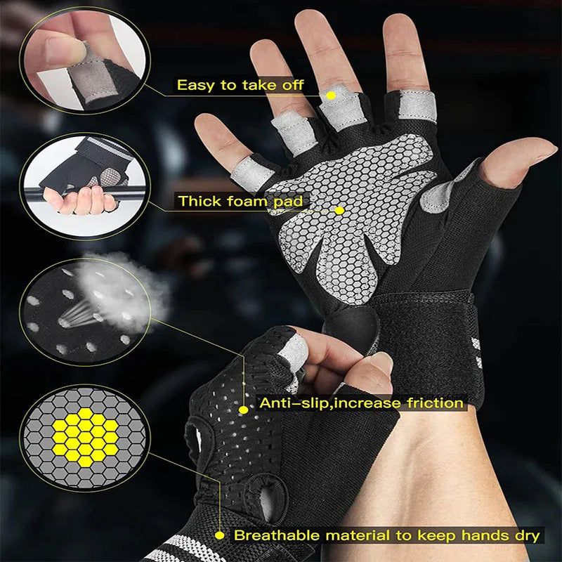 Close-up view of black cycling gloves showing features like foam pads, anti-slip grips, and breathable material.
