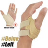 Beige Silikon-Manschette zur Stabilisierung des Daumengelenks, getragen an der linken Hand.