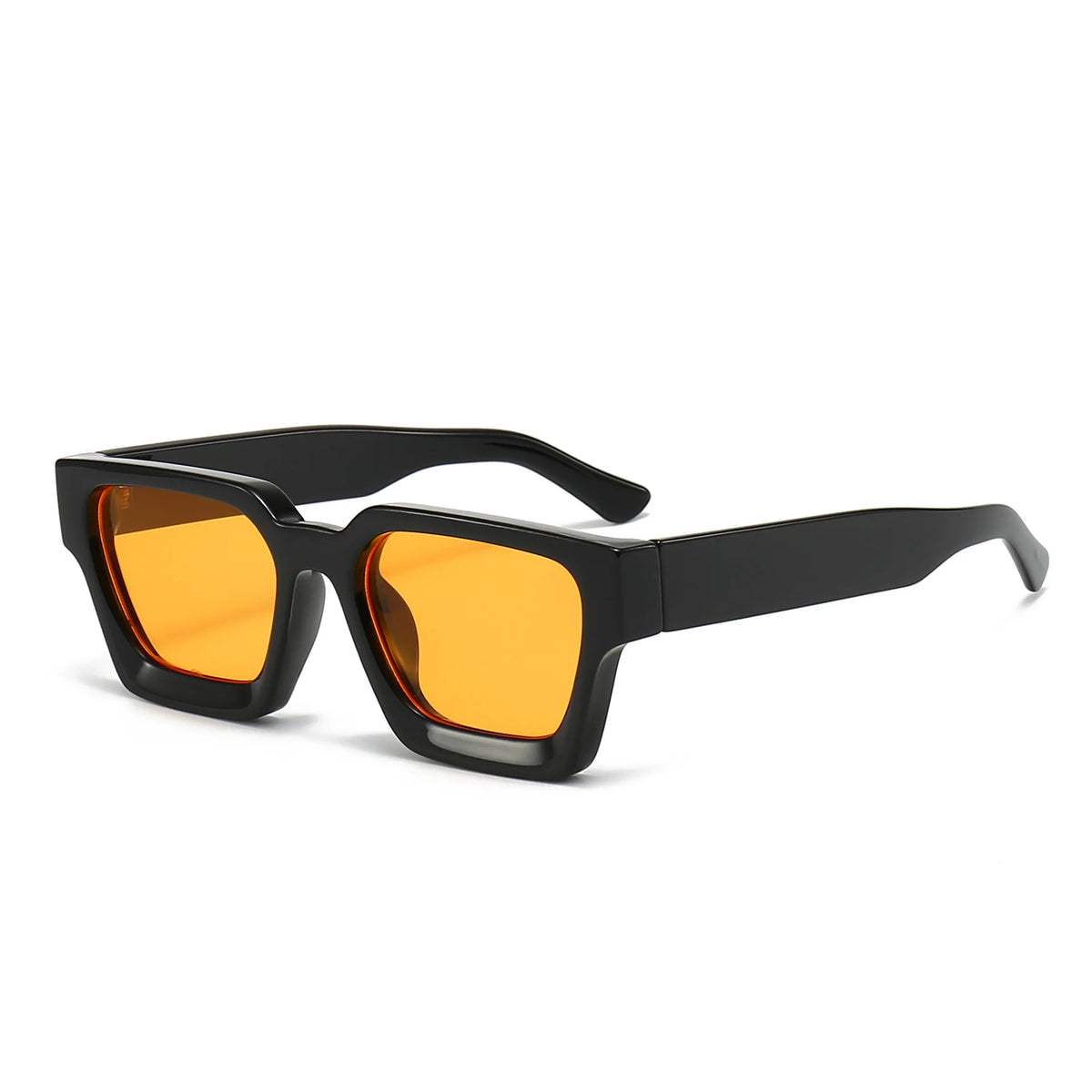 A pair of black retro square frame sunglasses with bright orange lenses.