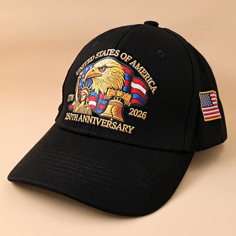 Black baseball cap featuring a graphic of an American bald eagle and text celebrating the 250th anniversary of the United Sta