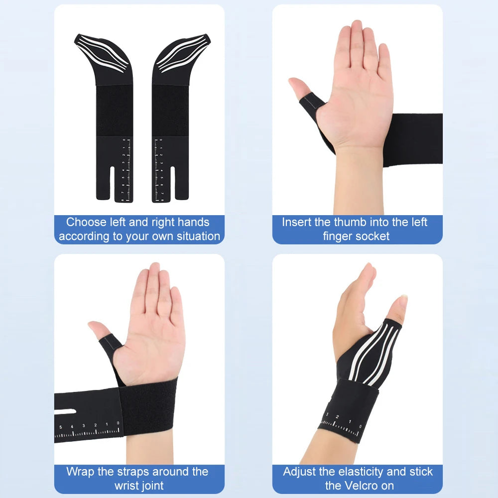 Instructions showing how to choose, insert, wrap, and adjust a 2-in-1 adjustable thumb and wrist brace for joint pain.