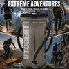 A beige hydration reservoir is shown with various accessories, set against a backdrop of extreme outdoor adventure activities
