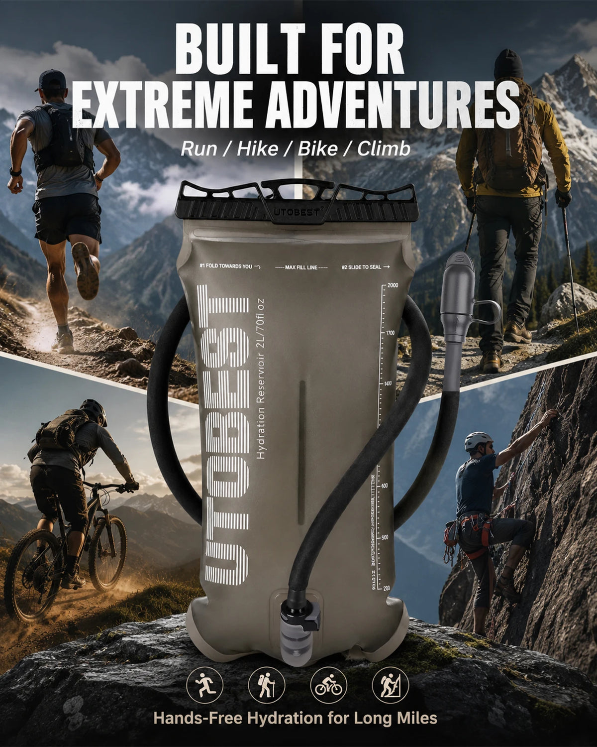 A beige hydration reservoir is shown with various accessories, set against a backdrop of extreme outdoor adventure activities