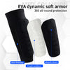 Black and white EVA dynamic soft armor shin guards for calf protection with crash cushion and shock absorption features