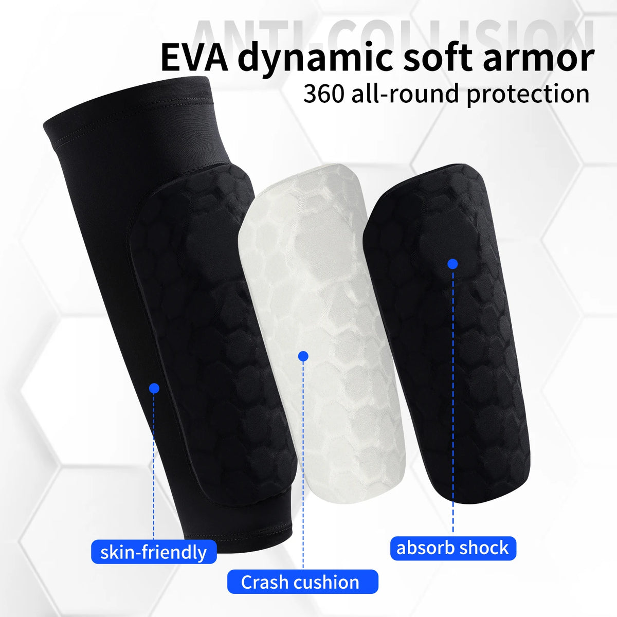 Black and white EVA dynamic soft armor shin guards for calf protection with crash cushion and shock absorption features