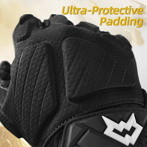 Close-up of black ultra-protective padding on a football lineman glove.