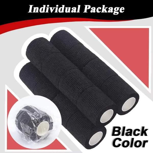 Three rolls of black self-adhesive tattoo grip tape are shown, with a close-up view of the product.