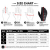 Size chart showing measurements for different glove sizes including finger length, palm width, palm circumference, and total 