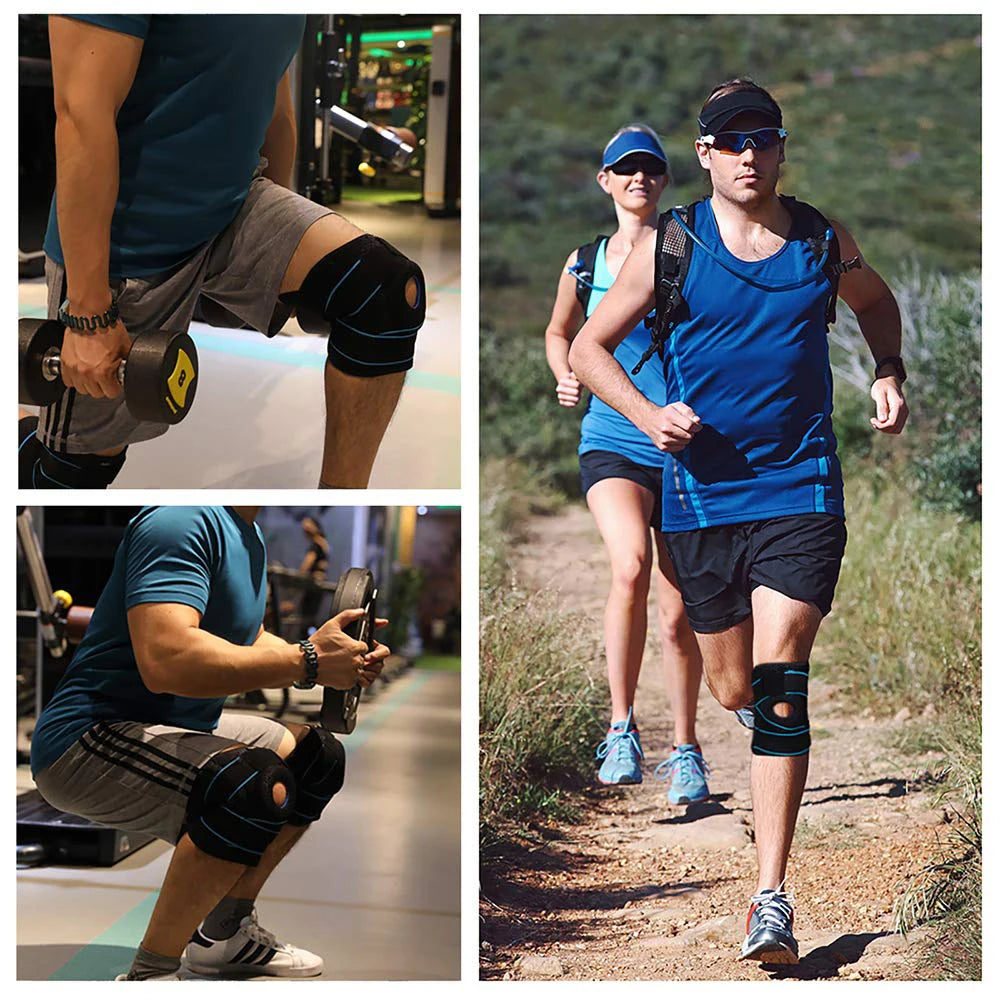 A woman wearing a blue athletic top and black knee brace runs on a dirt path.