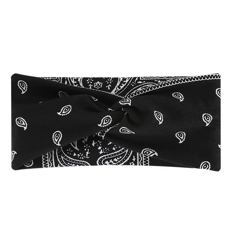 Black bohemian print wide headband folded and displayed