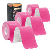 Rolls of pink kinesiology tape for joint and muscle support displayed next to its packaging.
