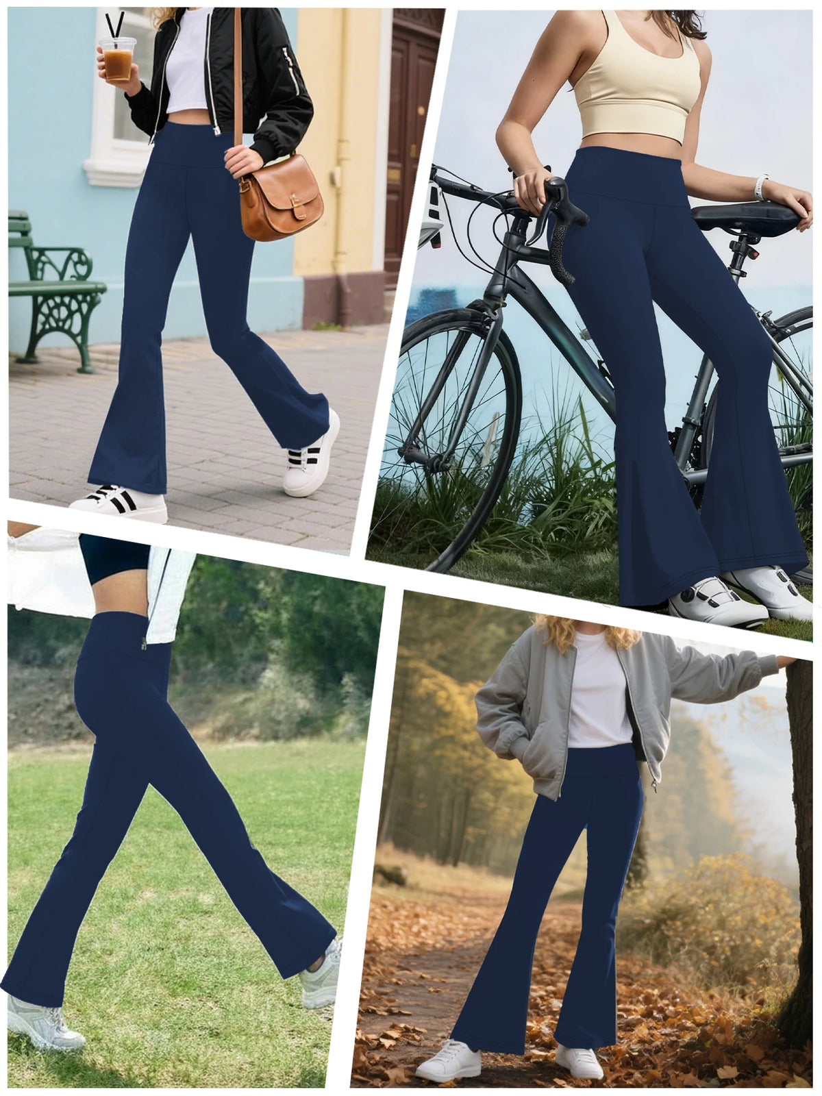 A woman wearing dark blue high-waisted yoga leggings with flare details is shown outdoors.