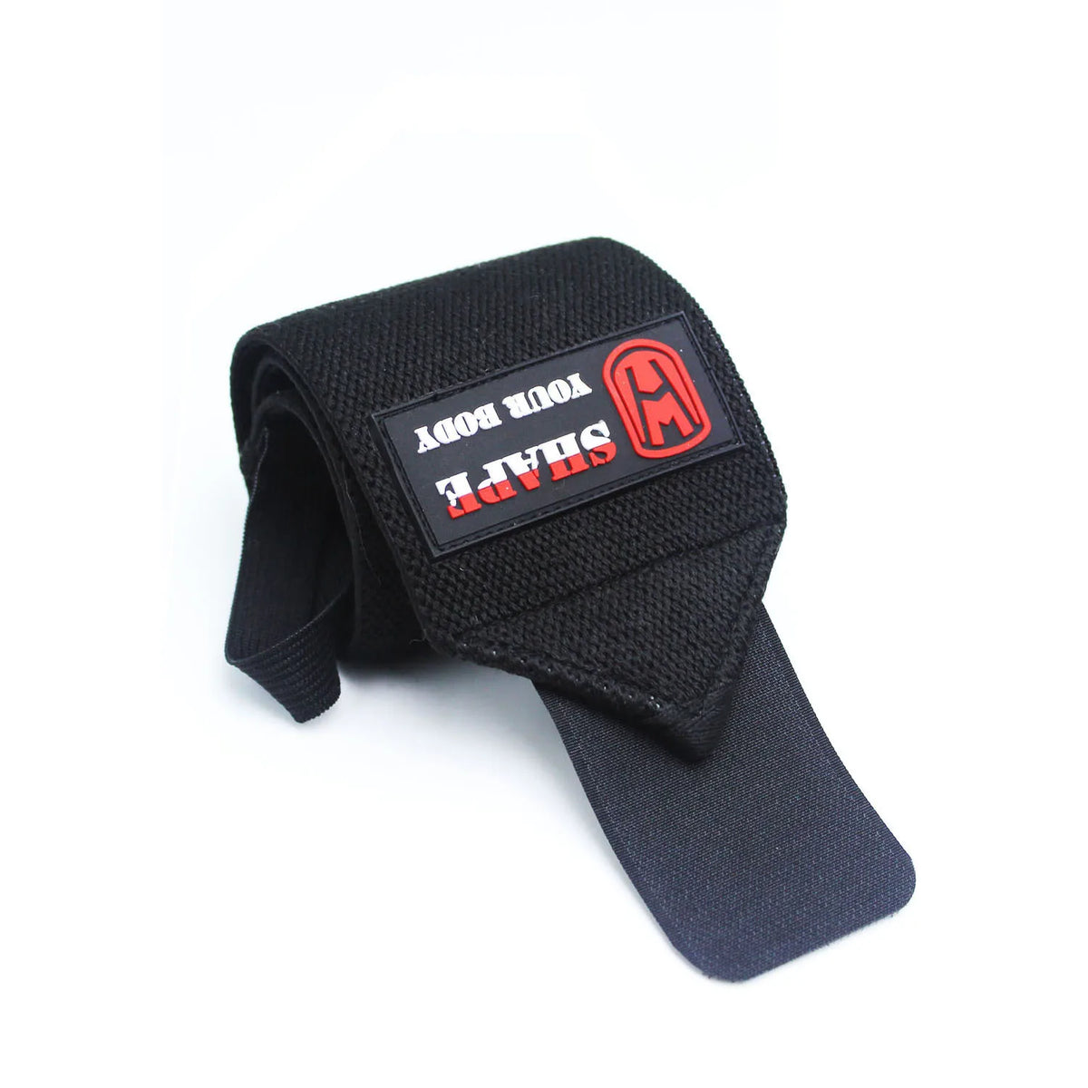Black adjustable wrist guard bandage with a red and white logo tag