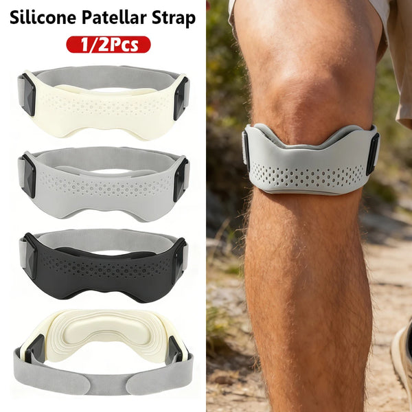 Trois supports de patella en silicone de différentes couleurs et designs montrés sur le genou d'une personne.
