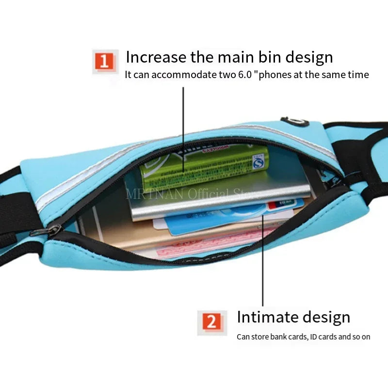 A light blue adjustable sport waist bag showing internal organization for phones and cards.