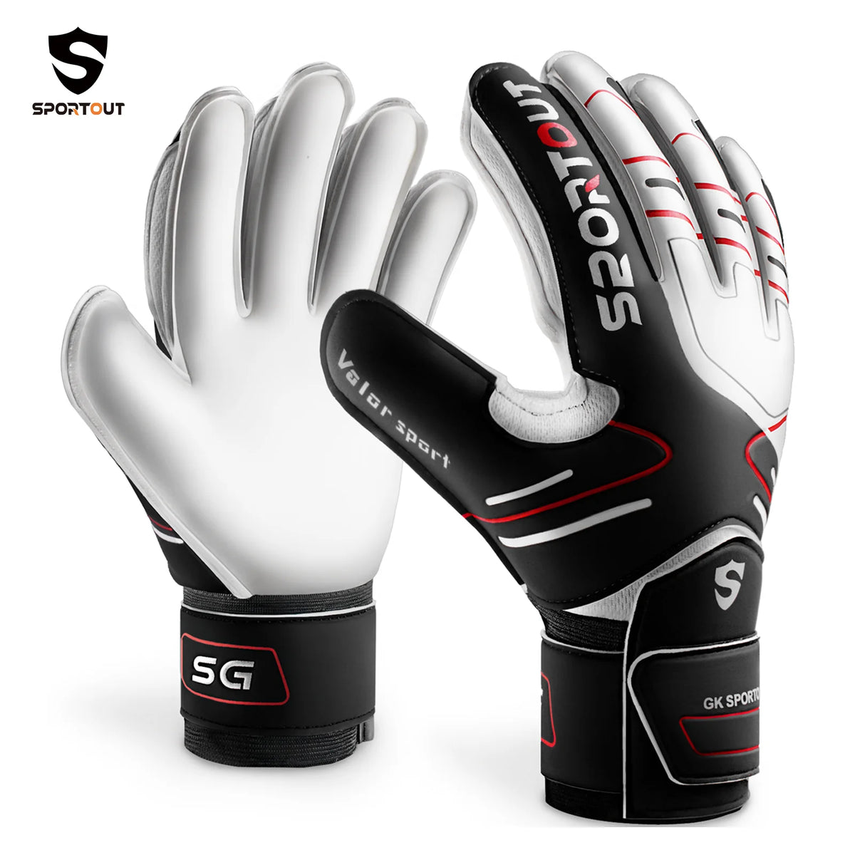 Un par de guantes de portero negros y blancos para fútbol, mostrados en un estudio.