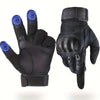 A pair of black tactical full finger outdoor gloves with glowing blue accents shown against a white background.