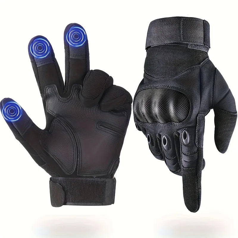 A pair of black tactical full finger outdoor gloves with glowing blue accents shown against a white background.