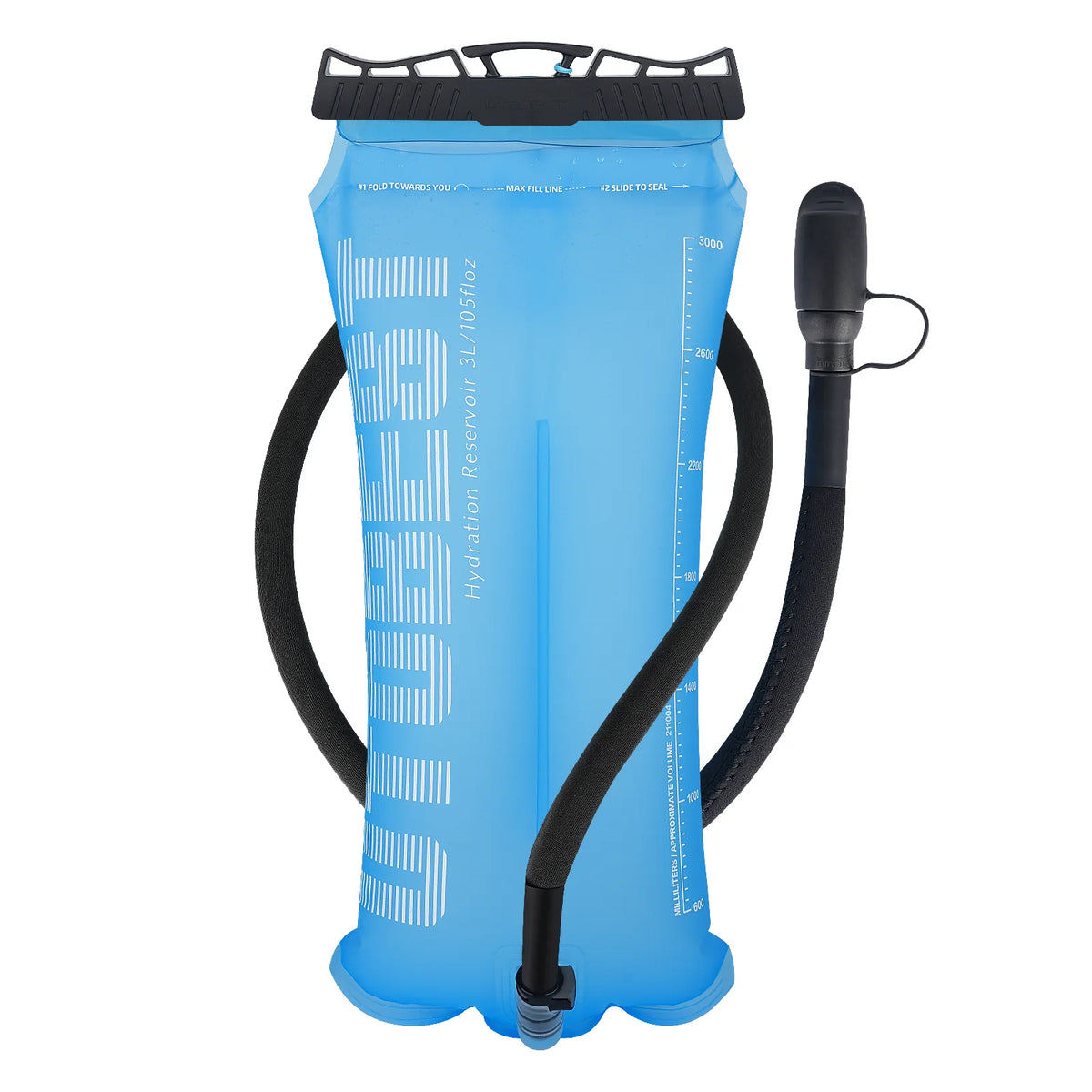 A light blue hydration reservoir bladder with a black tube and cap.