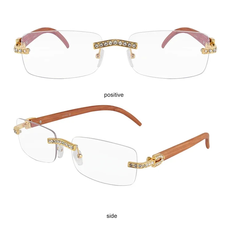 Un par de gafas de sol claras sin montura con detalles en oro rosa, vistas de frente y de lado.