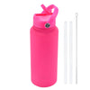 A bright pink stainless steel vacuum flask water bottle with a hinged straw cap and separate straw.