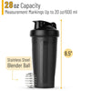 A black portable fitness shaker bottle with measurement markings and a stainless steel blender ball.