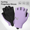 A pair of black and purple fingerless cycling gloves displayed against a white background.